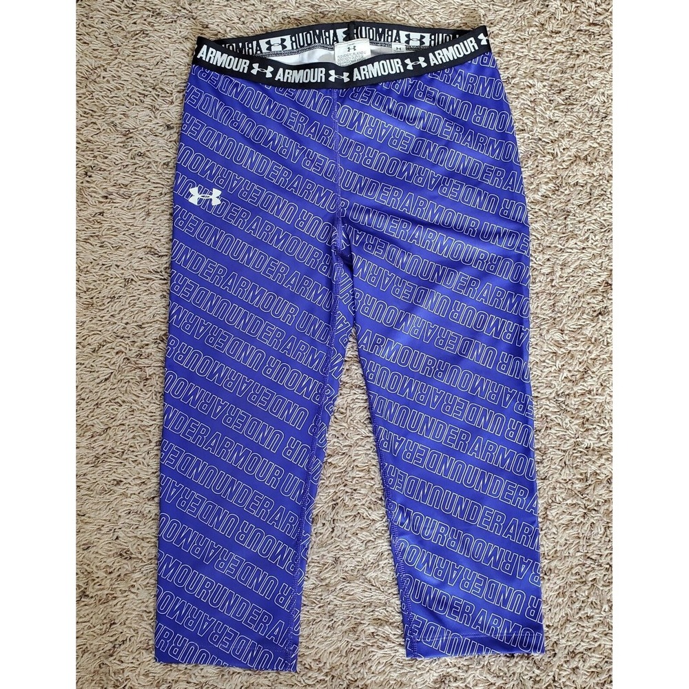 Under Armour Purple Capri‎ Leggings Girls Size Large Heat Gear Lettering 1271020